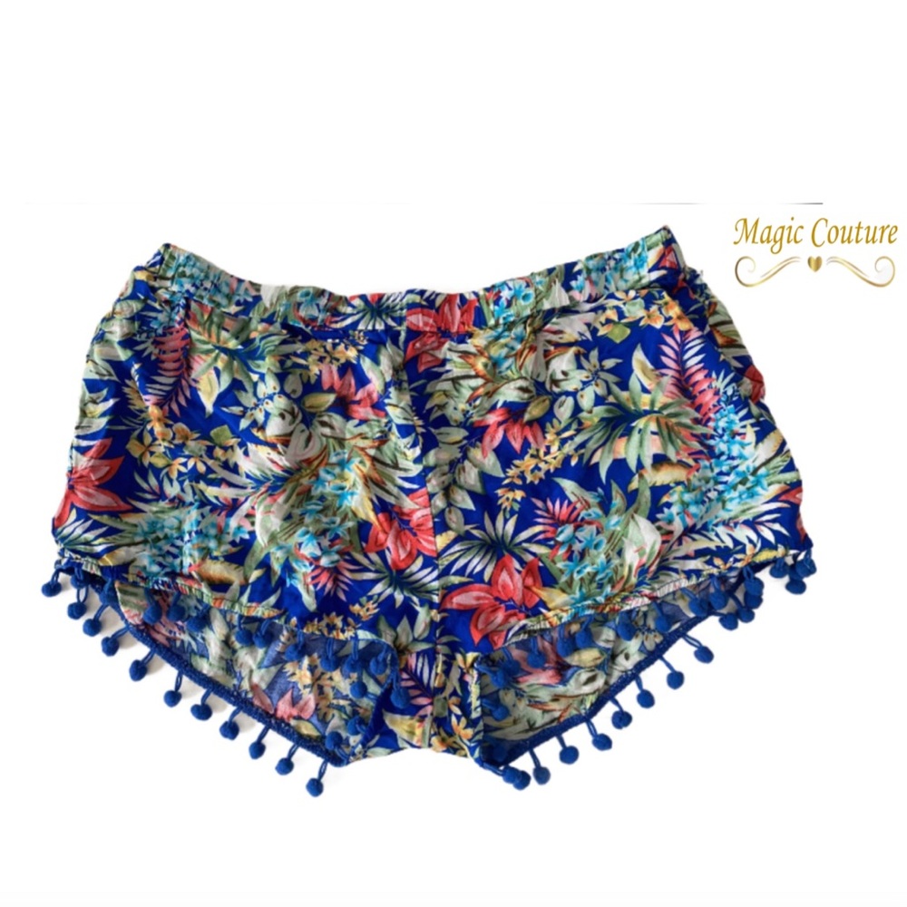Cindi Gindi Blue Tropical Print Pom Pom Shorts💙💚💙